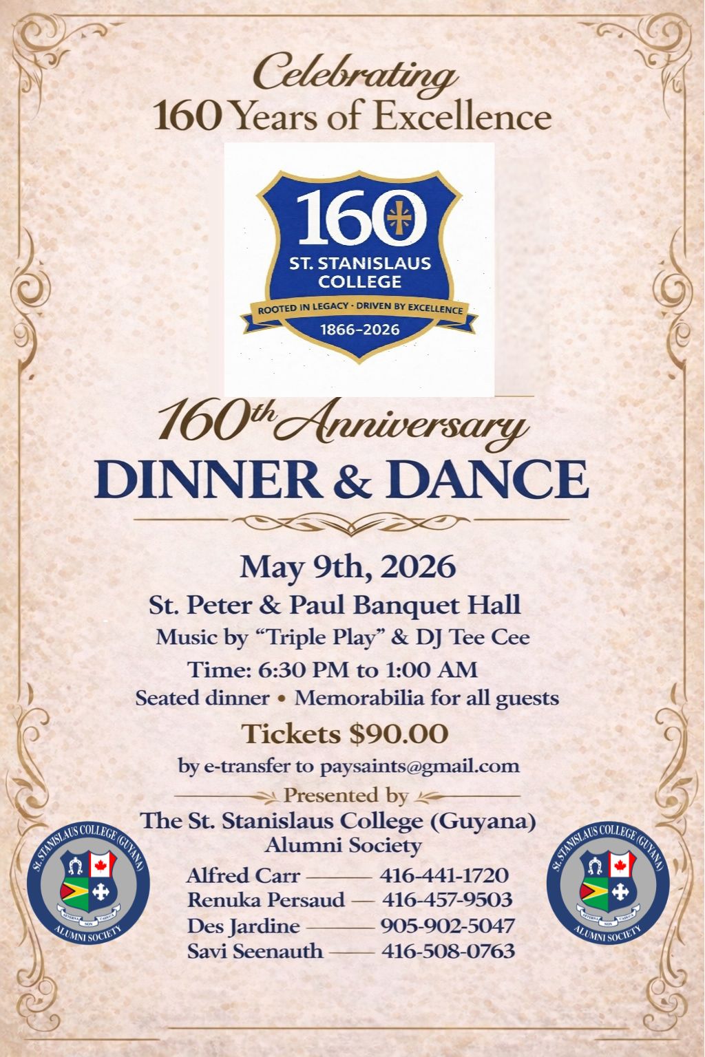 Flyer for St. Stanislaus College 160th Anniversary Dinner and Dance on May 9, 2026, at St. Peter & Paul Banquet Hall, featuring a seated dinner, live music, and $90 tickets.