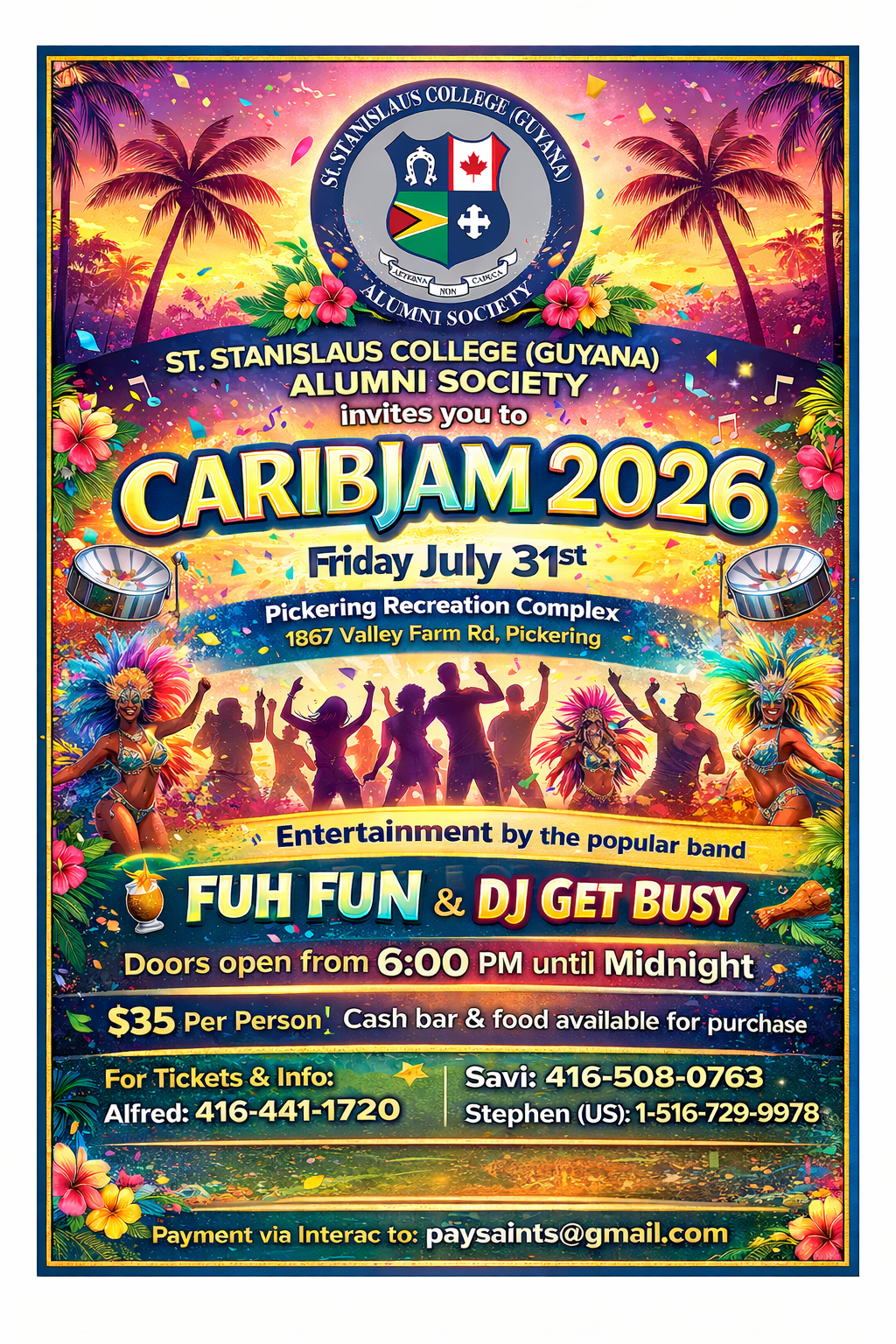 Colorful event flyer for CaribJam 2026 hosted by St. Stanislaus College (Guyana) Alumni Society, featuring tropical imagery, dancers, and event details including July 31st at Pickering Recreation Complex with music by Fuh Fun and DJ Get Busy.