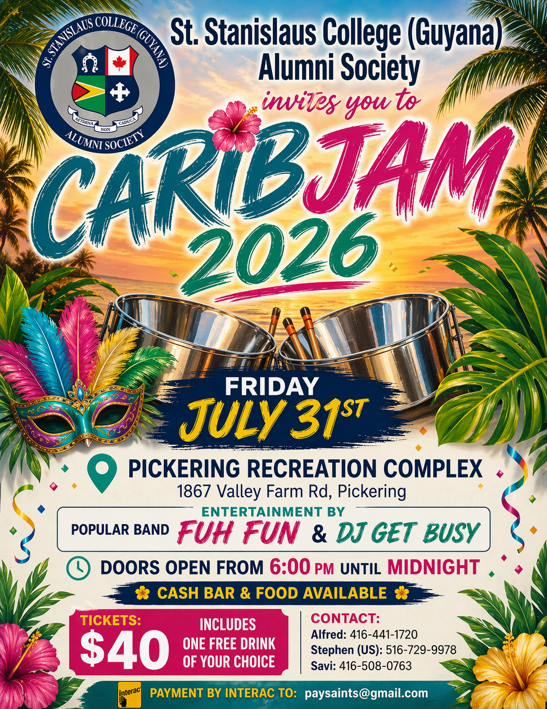 St. Stanislaus College Guyana Alumni Society CaribJam 2026 flyer for Friday, July 31 at Pickering Recreation Complex.